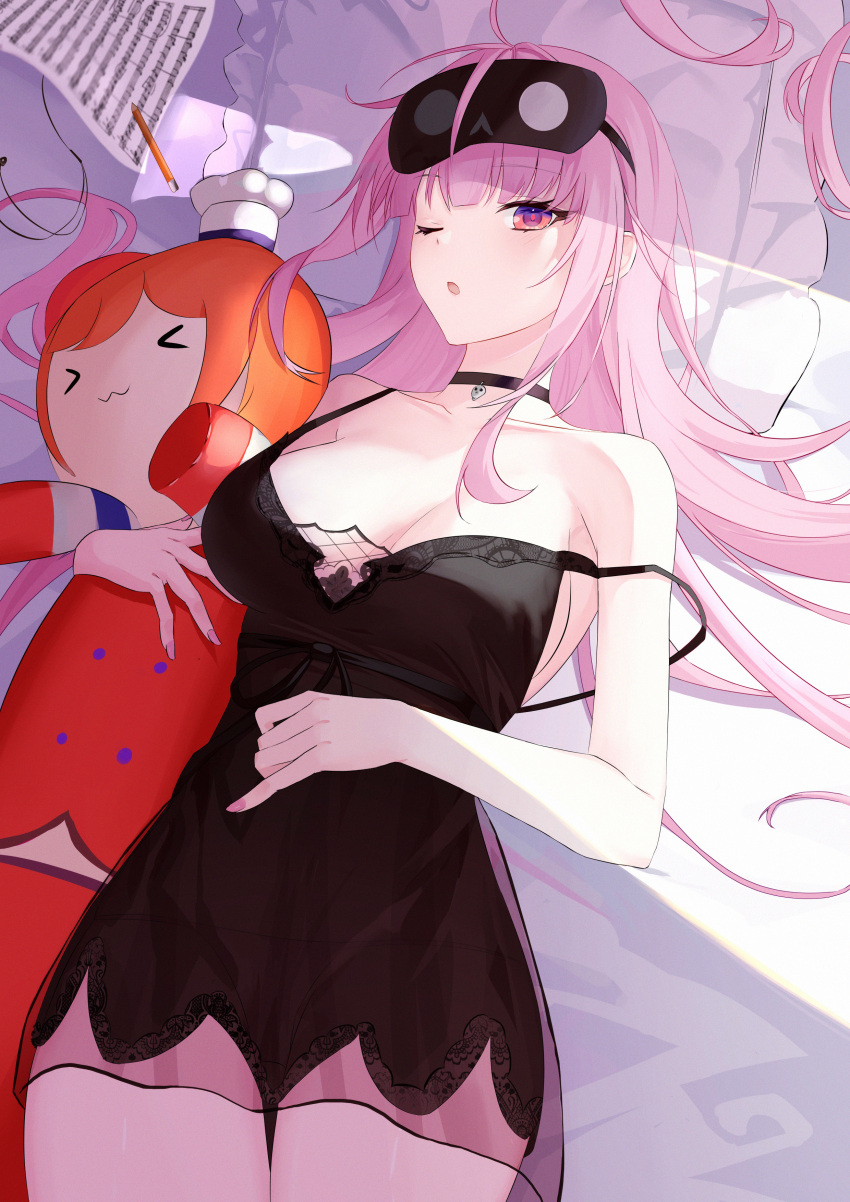1girl absurdres bed bed_sheet bedroom black_choker blanket breasts character_doll chef_hat choker doll doll_hug hat highres holding holding_doll hololive hololive_english implied_yuri indoors jiang_ye_kiri long_hair lying messy_hair mori_calliope nightgown object_hug on_back on_bed pillow pink_hair red_eyes solo stuffed_toy takanashi_kiara underwear virtual_youtuber