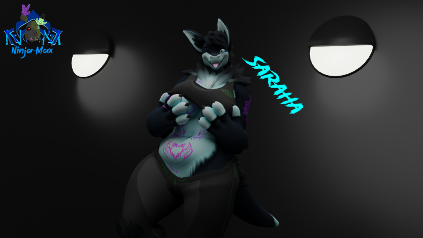 3d_(artwork) anthro areola blender_(software) blender_eevee blep breasts clothed clothing clothing_lift digital_media_(artwork) female ghostlyshark hi_res humanoid machine mamagen ninja-max nipple_slip nipples protogen raised_clothing rendered solo tattoo tongue tongue_out