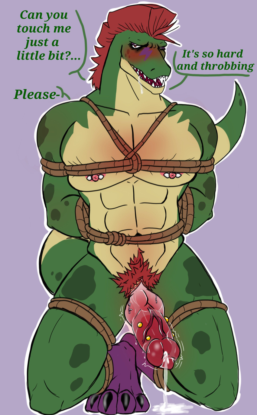 2022 4_toes abs absurd_res alligator alligatorid anatomically_correct anatomically_correct_genitalia animal_genitalia animal_penis animatronic anthro bdsm biceps big_penis blush bodily_fluids body_hair bondage bound claws crocodilian dian digital_drawing_(artwork) digital_media_(artwork) drooling english_text erection feet five_nights_at_freddy's five_nights_at_freddy's:_security_breach genital_fluids genitals green_body hair hi_res looking_at_viewer machine male mohawk montgomery_gator_(fnaf) muscular muscular_anthro muscular_male nipple_piercing nipples nude open_mouth pecs penis piercing pubes red_hair reptile restraints robot saliva scalie scottgames signature simple_background smile solo speech_bubble steel_wool_studios submissive text toes vein veiny_penis