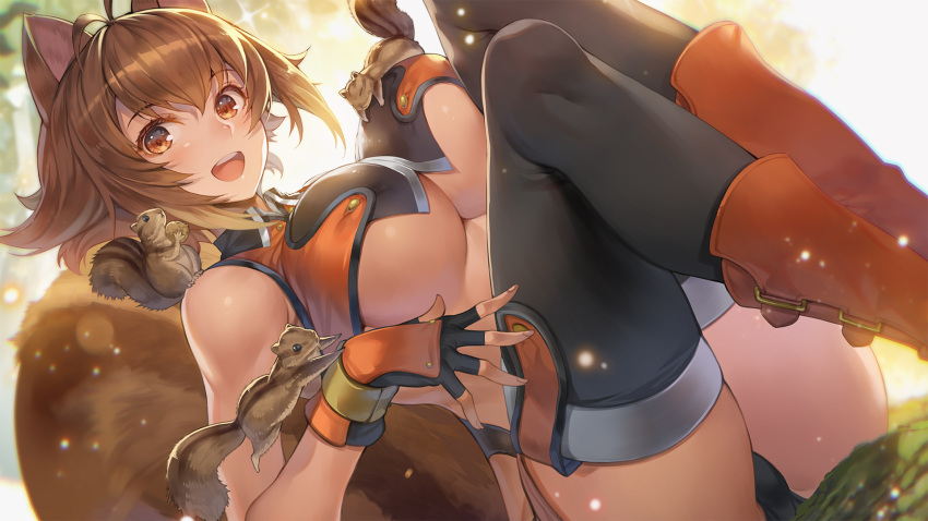 1girl :d animal_ears antenna_hair bangs bare_arms black_gloves black_panties black_thighhighs blazblue breasts brown_eyes brown_hair crop_top dutch_angle fingerless_gloves gloves hagure_keg hair_between_eyes highres large_breasts makoto_nanaya medium_hair open_mouth orange_footwear panties sitting smile solo squirrel squirrel_ears squirrel_girl squirrel_tail tail thighhighs underwear