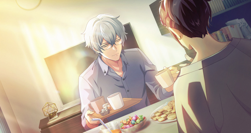 2boys bookshelf candy closed_eyes collared_shirt cookie cup drinking_straw food from_behind glasses grey_hair hair_between_eyes hazama_michio highres holding holding_cup holding_tray idolmaster idolmaster_side-m idolmaster_side-m_growing_stars indoors long_sleeves multiple_boys official_art shirt teacup television tray watanabe_minori