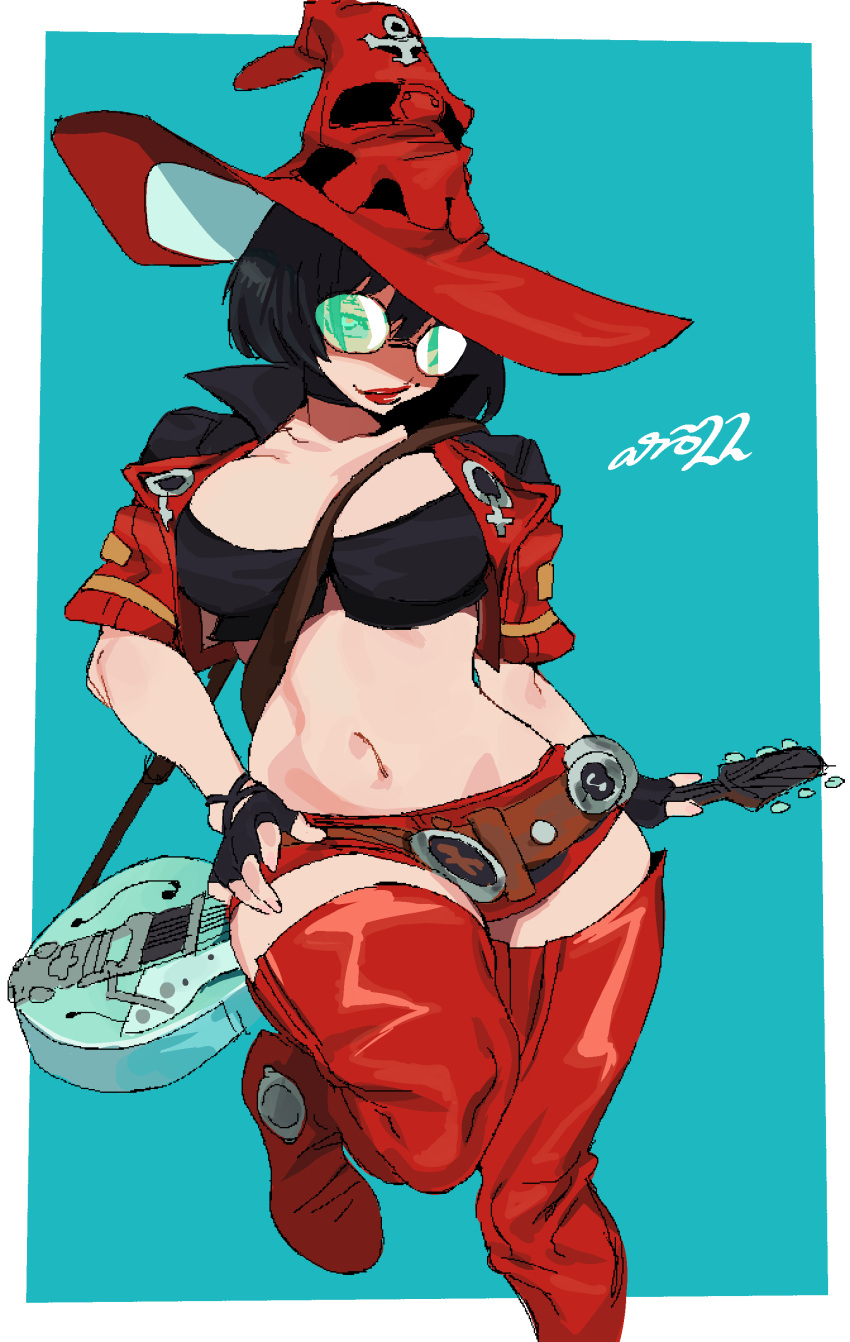 1girl absurdres artist_name black_gloves black_hair blue_background border fingerless_gloves gloves green-tinted_eyewear guilty_gear guilty_gear_strive guitar hat highres holding holding_instrument i-no instrument jacket looking_at_viewer midriff navel red_footwear red_headwear red_jacket red_shorts red_thighhighs shorts solo thighhighs tinted_eyewear white_border whoopsatro witch_hat