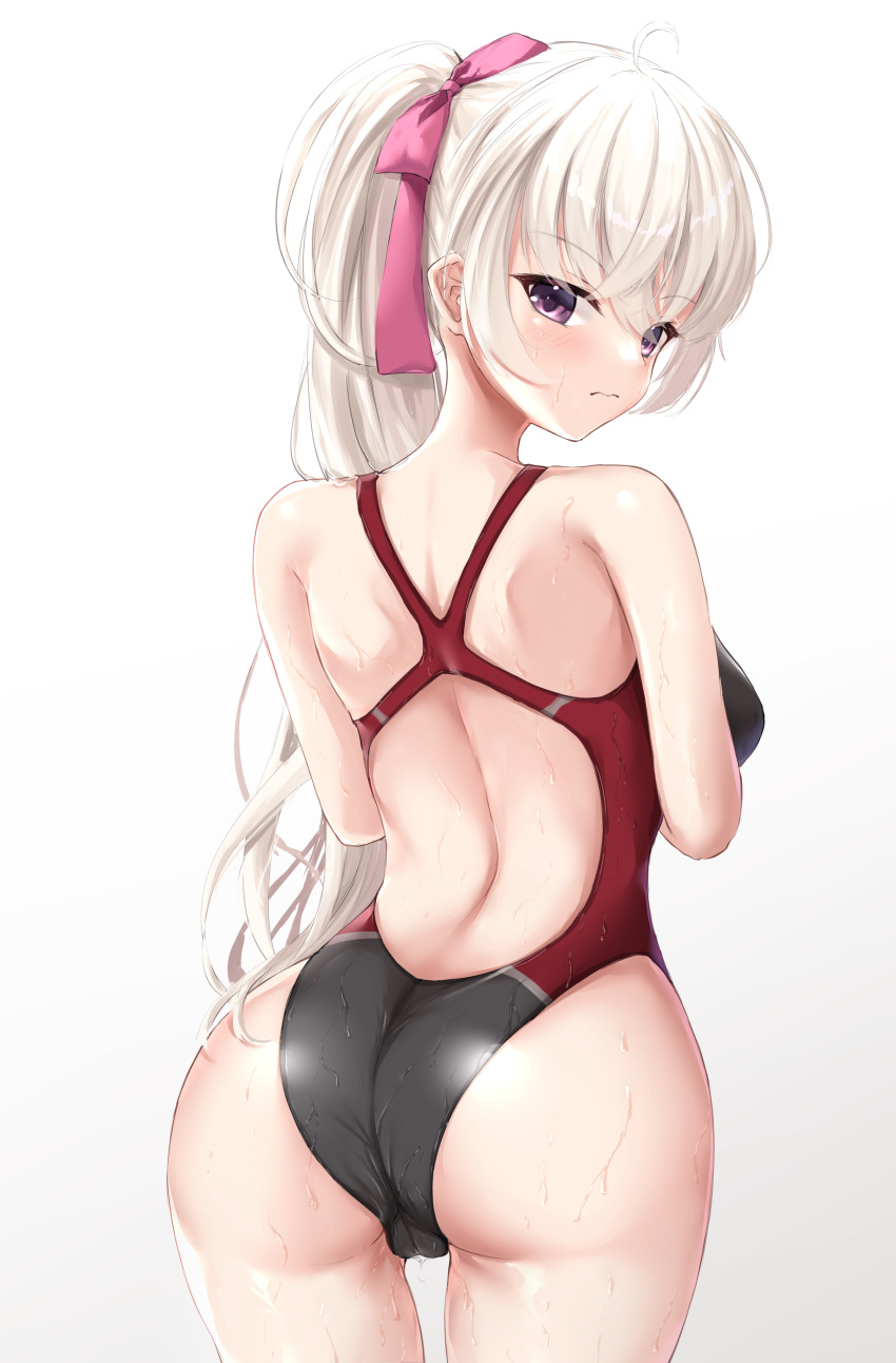 1girl absurdres ahoge akizuki_kanna ass back bangs black_one-piece_swimsuit cafe_stella_to_shinigami_no_chou cameltoe closed_mouth commentary competition_swimsuit crossed_bangs eyes_visible_through_hair from_behind frown hair_ribbon highres long_hair looking_at_viewer looking_back ncontrail_(mgax7527) one-piece_swimsuit pink_ribbon ponytail purple_eyes revision ribbon shiny_skin shoulder_blades sidelocks simple_background solo standing swimsuit taut_clothes taut_swimsuit very_long_hair wet white_background white_hair