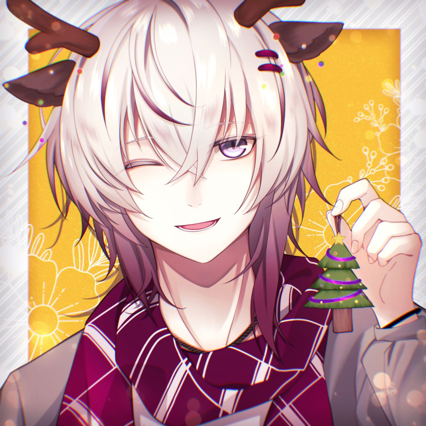 1boy animal_ears antlers border christmas_ornaments christmas_tree collar_x_malice deer_ears grey_hair highres jewelry looking_at_viewer male_focus multicolored_hair necklace okazaki_kei one_eye_closed open_mouth purple_eyes red_hair red_scarf reindeer_antlers reindeer_boy scarf short_hair smile solo striped striped_scarf tiboom white_border white_hair white_scarf yellow_background