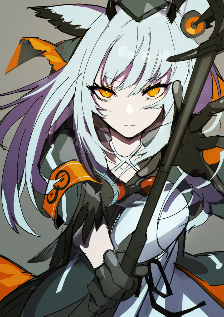 1girl arknights armband bangs black_bow black_gloves black_jacket bow breasts bright_pupils chuhaibane commentary dress feather_hair gloves goggles goggles_around_neck grey_background hair_bow highres holding holding_staff jacket looking_at_viewer medium_breasts orange_bow orange_eyes owl_ears owl_girl ptilopsis_(arknights) rhine_lab_logo serious simple_background solo staff two-tone_bow upper_body white_dress white_hair white_pupils