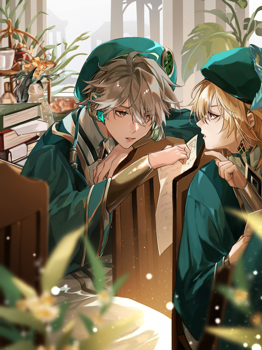 2boys absurdres ahoge alhaitham_(genshin_impact) bangs beret blonde_hair blurry blurry_foreground book book_stack bracer cable chair commentary crescent_(cgcrescent) cup depth_of_field earrings eyelashes feather_hair_ornament feathers flower genshin_impact gold_trim green_eyes green_headwear green_jacket grey_hair hair_between_eyes hair_ornament hand_up hat highres holding holding_paper indoors jacket jewelry kaveh_(genshin_impact) light_particles long_hair long_sleeves looking_at_another male_focus multiple_boys paper parted_bangs parted_lips plant pointing profile red_eyes robe short_hair sidelocks sitting swept_bangs tiered_tray tray vase white_robe wide_sleeves yellow_flower