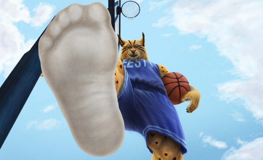 2022 anthro ball basketball basketball_(ball) basketball_clothing basketball_hoop basketball_jersey basketball_net basketball_shorts basketball_uniform blue_clothing clothing cloud feet felid feline foot_fetish foot_focus footwear fur hi_res jersey logo looking_at_viewer lynx male mammal muscular muscular_anthro muscular_male outside plantigrade prick_ears ryenaa sidmonthebear sky smile snout socks soles solo sportswear spots spotted_body spotted_fur striped_body stripes toes uniform