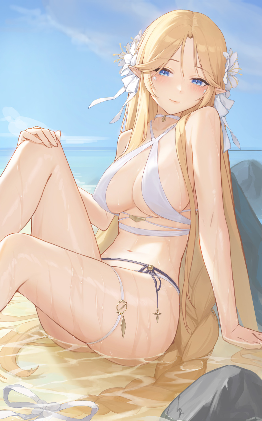 1girl absurdres arm_support azur_lane bangs bare_arms bare_legs bikini blonde_hair blue_eyes blush bow breasts brest_(azur_lane) cleavage closed_mouth collarbone criss-cross_halter flower hair_bow hair_flower hair_ornament halterneck hand_on_own_knee highres jewelry large_breasts long_hair looking_at_viewer navel parted_bangs pendant pointy_ears sideboob sitting skindentation smile solo swimsuit thigh_strap very_long_hair white_bikini white_bow white_flower yidie