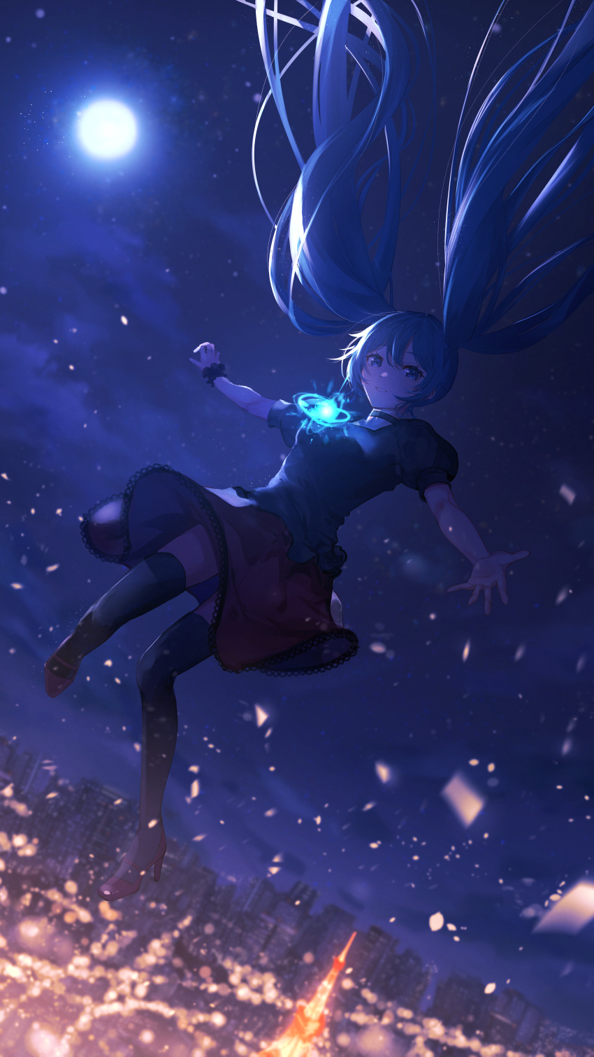 1girl absurdres bangs black_choker black_shirt black_thighhighs blue_eyes blue_hair blurry blurry_background choker floating_hair full_moon hair_between_eyes hatsune_miku highres long_hair miniskirt moon night shirt short_sleeves skirt solo thighhighs twintails vocaloid wrist_cuffs yuzuha_wasa