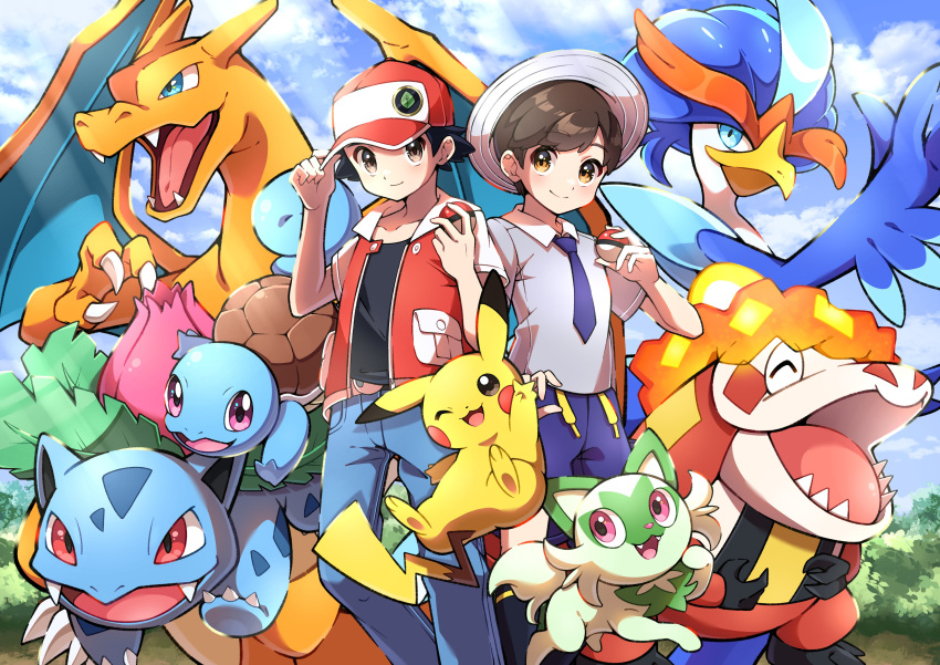 2boys :3 :d absurdres adjusting_clothes adjusting_headwear bangs baseball_cap black_hair black_shirt blue_eyes blue_necktie blue_pants blue_shorts blue_sky blush brown_eyes brown_hair bush charizard closed_mouth cloud cloudy_sky collared_shirt commentary_request crocalor day denim drawstring fangs feet_out_of_frame florian_(pokemon) grey_shirt hand_up hands_up hat highres holding holding_poke_ball ivysaur jacket jeans light_rays looking_at_viewer multiple_boys necktie open_clothes open_jacket open_mouth outdoors pants parted_bangs pikachu poke_ball poke_ball_(basic) pokemon pokemon_(creature) pokemon_(game) pokemon_frlg pokemon_sv pon_yui purple_eyes quaquaval red_(pokemon) red_eyes red_headwear red_jacket sharp_teeth shirt short_hair short_sleeves shorts sky smile sprigatito squirtle standing swept_bangs teeth tongue v-shaped_eyebrows wing_collar