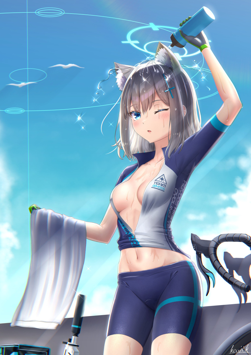 1girl absurdres animal_ear_fluff animal_ears arm_up bicycle bike_jersey bike_shorts blue_archive blue_eyes blue_shorts breasts cat_ears cleavage collarbone cowboy_shot cross_hair_ornament day gloves grey_gloves grey_hair ground_vehicle hair_ornament halo highres holding holding_towel kayama_kouji long_hair medium_breasts midriff navel one_eye_closed open_clothes open_mouth open_shirt outdoors shiroko_(blue_archive) shiroko_(cycling)_(blue_archive) shorts solo stomach sunlight towel