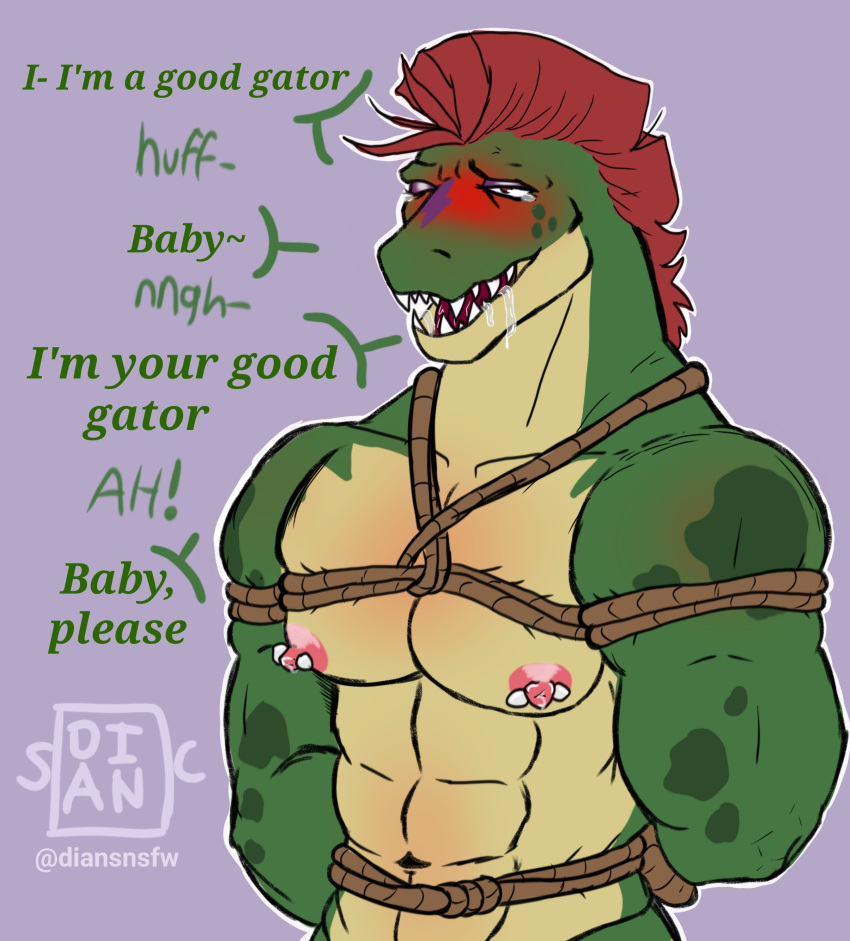 2022 abs absurd_res alligator alligatorid animatronic anthro bdsm blush bondage bound crocodilian dian digital_drawing_(artwork) digital_media_(artwork) english_text five_nights_at_freddy's five_nights_at_freddy's:_security_breach green_body hair hi_res machine male mohawk montgomery_gator_(fnaf) muscular muscular_anthro muscular_male nipple_piercing nipples open_mouth pecs piercing red_hair reptile robot scalie scottgames signature simple_background smile solo speech_bubble steel_wool_studios teeth text