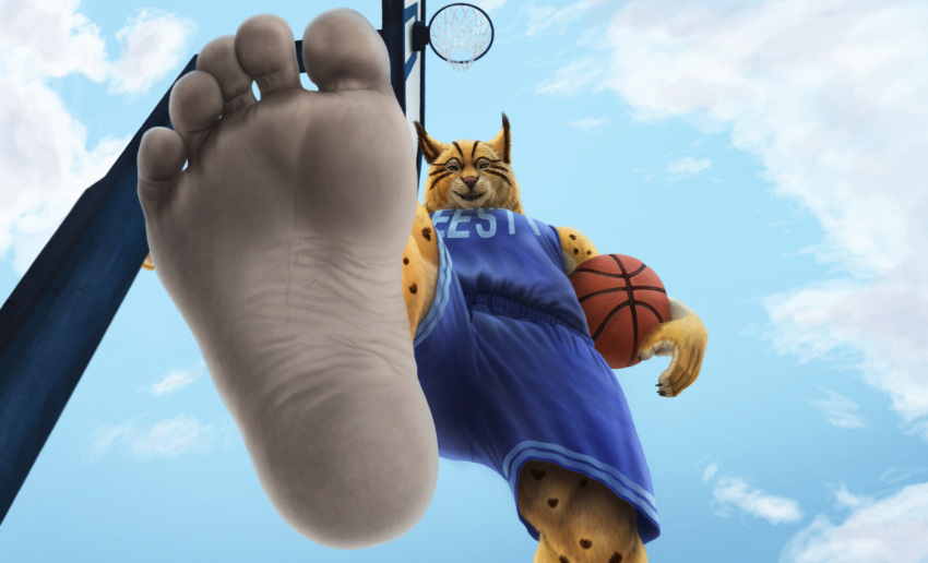 2022 5_toes anthro ball barefoot basketball basketball_(ball) basketball_clothing basketball_hoop basketball_jersey basketball_net basketball_shorts basketball_uniform blue_clothing clothing cloud feet felid feline foot_fetish foot_focus fur hi_res jersey logo looking_at_viewer lynx male mammal muscular muscular_anthro muscular_male outside plantigrade prick_ears ryenaa sidmonthebear sky smile snout soles solo sportswear spots spotted_body spotted_fur striped_body stripes toes uniform