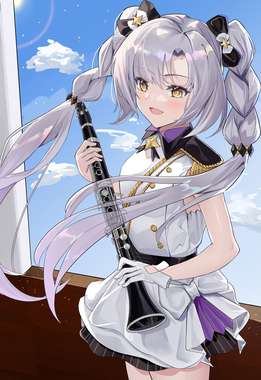 1girl absurdres aug_para_(girls'_frontline) aug_para_(serenade_no.10)_(girls'_frontline) bangs blue_sky bow braid breasts commentary dress feet_out_of_frame girls'_frontline gloves grey_hair hair_bow highres holding holding_instrument instrument long_hair looking_at_viewer marching_band official_alternate_costume one_smoke open_mouth orange_eyes sky small_breasts smile solo standing strapless twin_braids white_dress white_gloves white_uniform