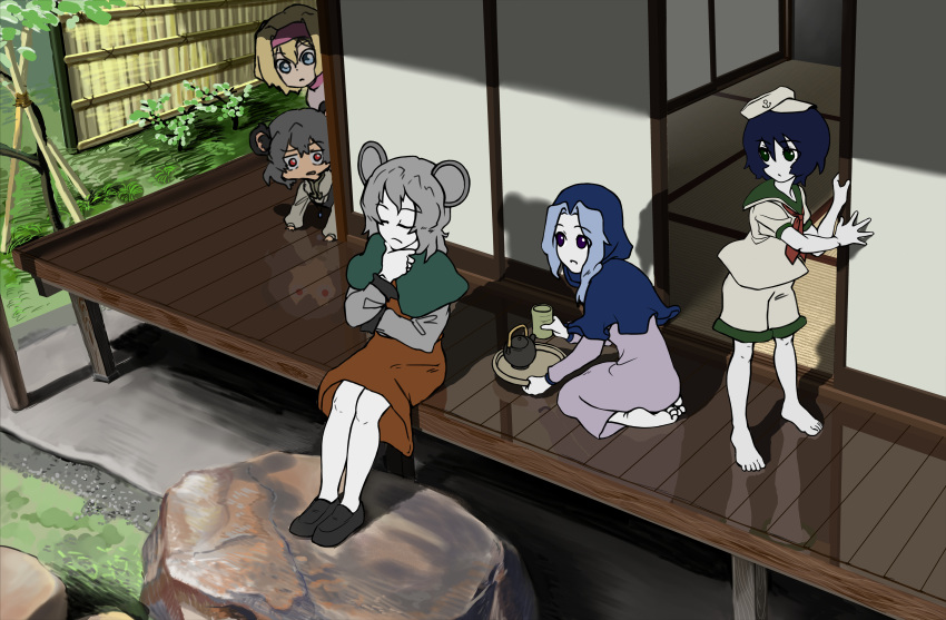 5girls absurdres alice_margatroid anchor_symbol animal_ears bangs barefoot blonde_hair blue_eyes blue_hair blue_hood brown_dress bush capelet closed_eyes closed_mouth colored_skin cookie_(touhou) cup day dress dual_persona expressionless flour_(cookie) full_body green_capelet green_eyes grey_dress grey_hair hairband hat highres ichigo_(cookie) long_sleeves looking_at_another milk_(cookie) mouse_ears mouse_girl multiple_girls murasa_minamitsu nazrin neckerchief nicoseiga36731666 nyon_(cookie) open_mouth outdoors pink_hairband porch purple_eyes red_eyes red_neckerchief rock sailor_collar sailor_hat sailor_shirt shirt short_hair shorts shouji sitting sliding_doors standing tatami teapot touhou tray tree veranda white_headwear white_shirt white_shorts white_skin wooden_floor yunomi