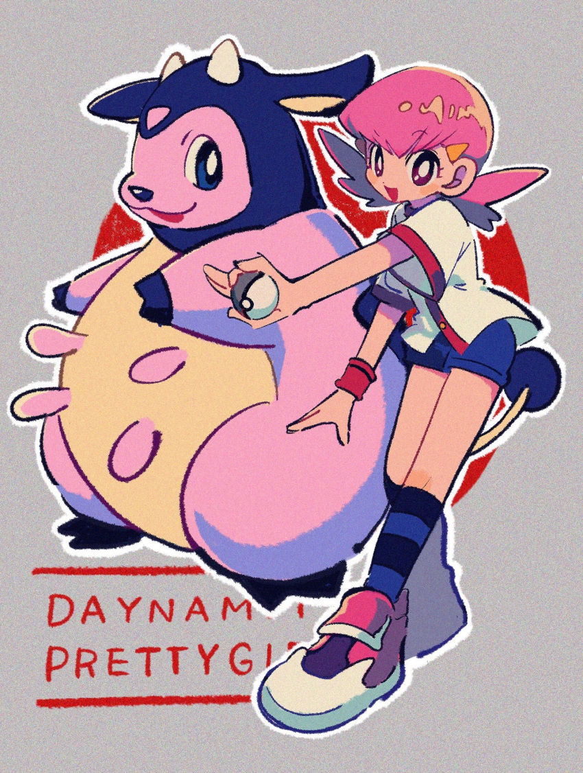 1girl :d bangs black_socks blue_shorts bright_pupils buttons commentary_request grey_background hair_ornament hairclip happy highres holding holding_poke_ball jacket knees long_hair miltank ok_ko19 open_mouth outline pink_hair poke_ball pokemon pokemon_(creature) pokemon_(game) pokemon_hgss purple_eyes shoes short_sleeves shorts smile socks striped striped_socks twintails white_jacket white_pupils whitney_(pokemon)