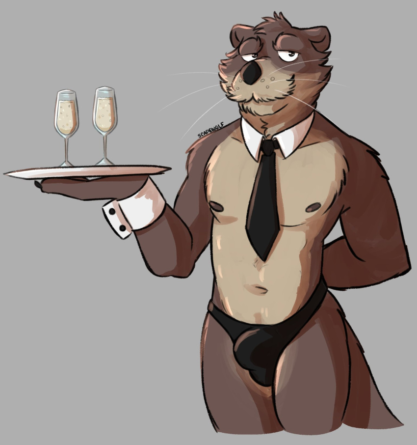 2023 anthro benson_(password) brown_body bulge clothing hi_res male mammal mustelid navel necktie nipples otter password_(visual_novel) simple_background solo underwear unsafescapewolf