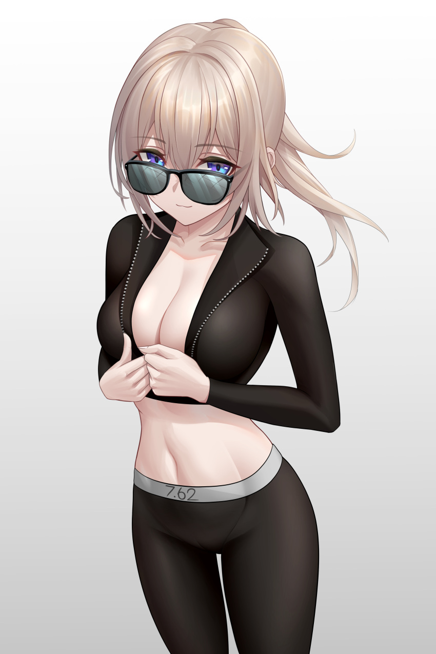 1girl absurdres alternate_costume bangs black_jacket black_leggings black_pants blonde_hair blue_eyes breasts cleavage closed_mouth collarbone commentary constantine-xii cropped_jacket feet_out_of_frame girls'_frontline hands_on_own_chest highres jacket leggings long_hair long_sleeves looking_at_viewer medium_breasts navel pants scar-h_(girls'_frontline) short_ponytail smile solo sportswear standing stomach sunglasses track_jacket white_background yoga_pants