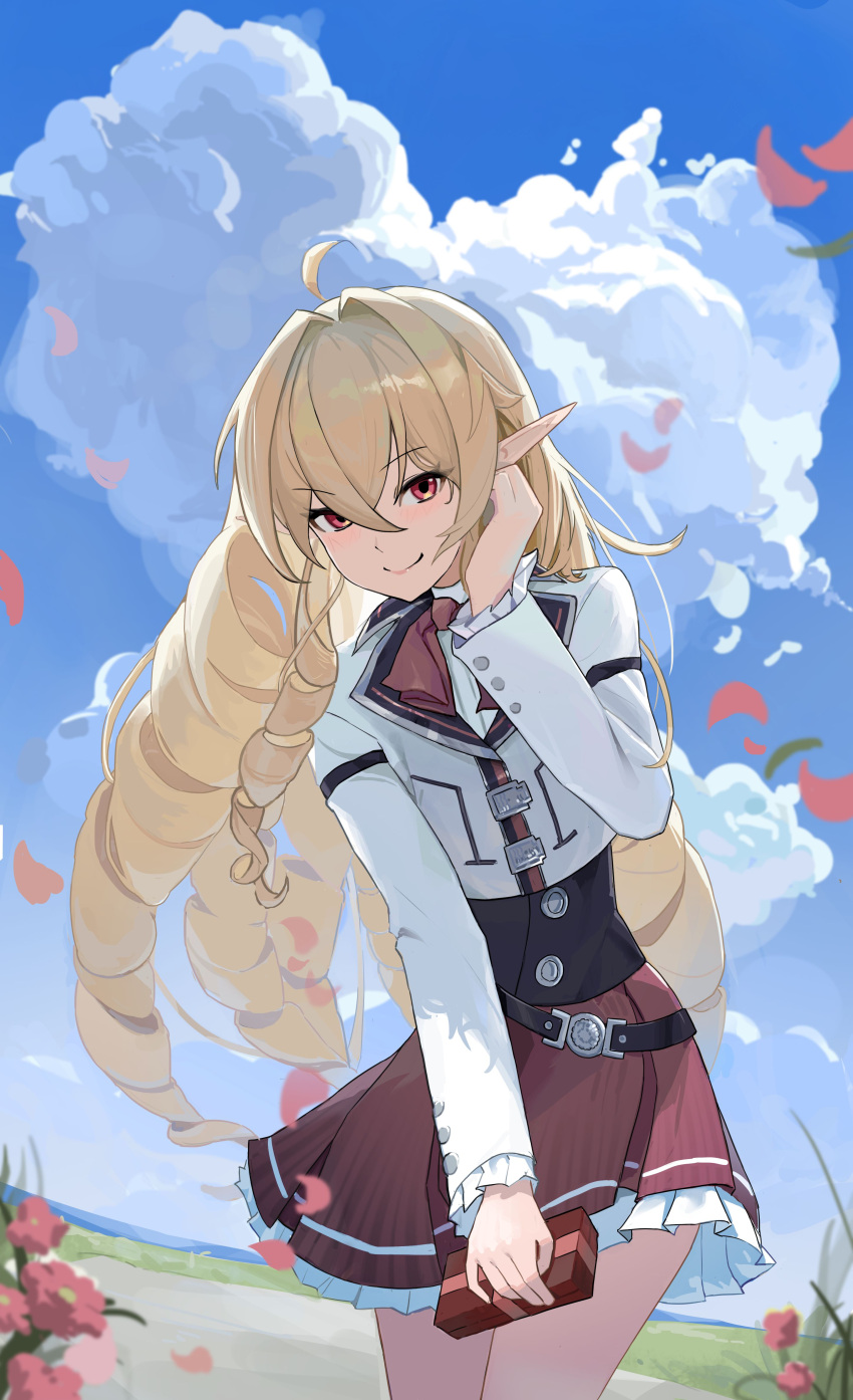 1girl absurdres ahoge bangs blonde_hair blue_sky bow bowtie box brown_bow brown_bowtie brown_skirt closed_mouth cloud cowboy_shot cumulonimbus_cloud day drill_hair elinalise_dragonroad eris_kissaten floating_hair hair_between_eyes hair_intakes hand_in_own_hair highres holding holding_box jacket layered_skirt long_hair long_sleeves looking_at_viewer miniskirt mushoku_tensei outdoors petals pleated_skirt pointy_ears red_eyes shirt skirt sky smile solo standing underbust very_long_hair white_jacket white_shirt