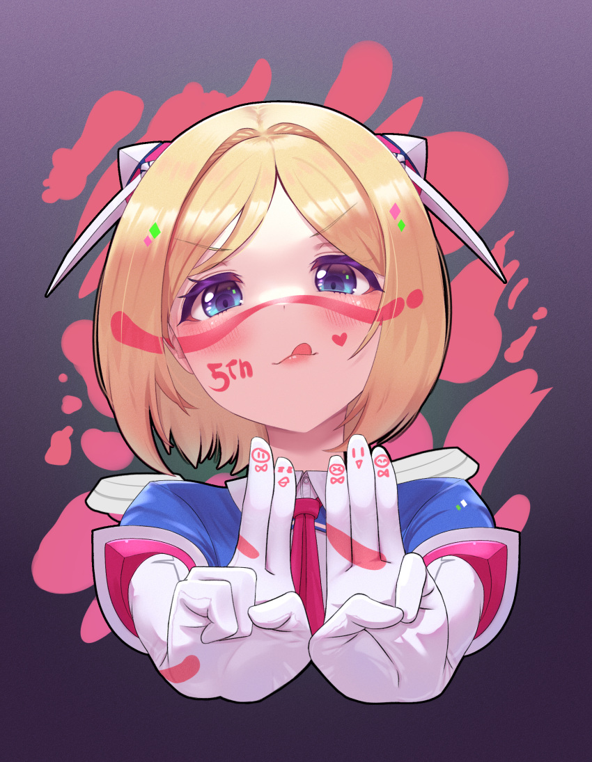 1girl :q absurdres aki_rosenthal ar-khey bangs blonde_hair blue_eyes blue_jacket blush bob_cut elbow_gloves facepaint finger_counting gloves happy_birthday headgear highres hololive jacket licking_lips looking_at_viewer milestone_celebration parted_bangs short_hair solo tongue tongue_out virtual_youtuber white_gloves