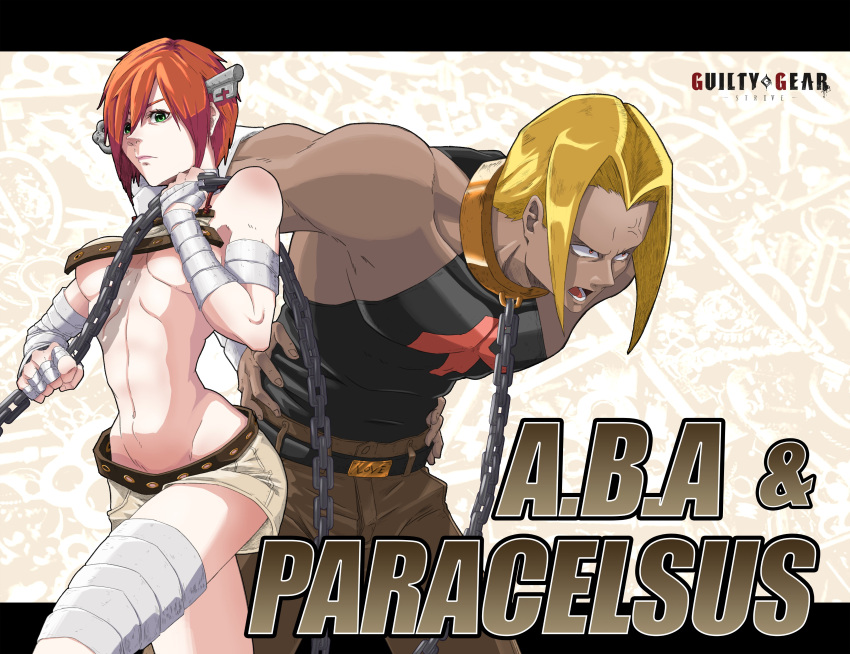 1girl a.b.a absurdres bandages blonde_hair breasts chain fake_screenshot green_eyes guilty_gear guilty_gear_strive highres homunculus idigoht key key_in_head midriff object_through_head orange_hair paracelsus short_hair underboob