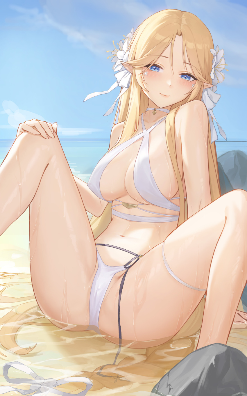 1girl absurdres arm_support azur_lane bangs bare_arms bare_legs bikini blonde_hair blue_eyes blush bow breasts brest_(azur_lane) cleavage closed_mouth collarbone criss-cross_halter flower hair_bow hair_flower hair_ornament halterneck hand_on_own_knee highres jewelry large_breasts long_hair looking_at_viewer navel parted_bangs pendant pointy_ears sideboob sitting skindentation smile solo spread_legs swimsuit thigh_strap very_long_hair white_bikini white_bow white_flower yidie