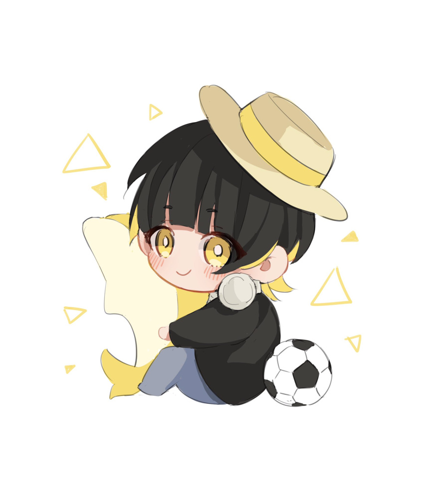 1boy bachira_meguru bad_id bad_twitter_id ball bangs black_hair black_shirt blonde_hair blue_lock blunt_bangs blush bright_pupils chibi closed_mouth full_body fuwata_mago hat highres holding holding_stuffed_toy long_sleeves looking_at_viewer male_focus multicolored_hair shirt short_hair simple_background sitting smile soccer_ball solo stuffed_animal stuffed_dolphin stuffed_toy two-tone_hair white_background white_pupils yellow_eyes