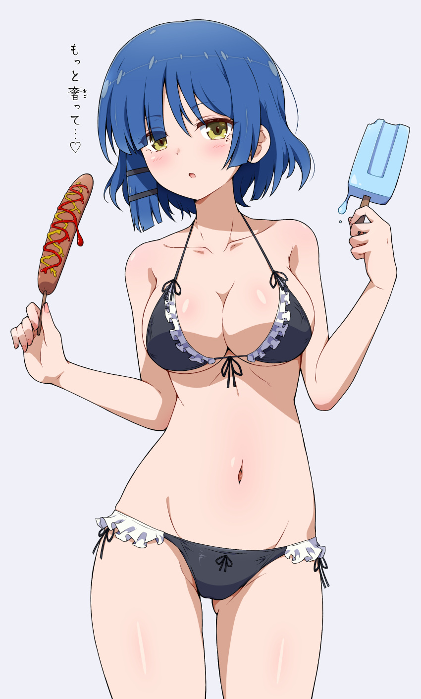 1girl :o absurdres bangs bare_arms bikini black_bikini blue_hair blunt_ends blush bocchi_the_rock! breasts cleavage collarbone commentary_request corn_dog cowboy_shot eggman_(pixiv28975023) food frilled_bikini frills grey_background highres holding holding_food long_hair medium_breasts navel open_mouth popsicle short_hair simple_background solo standing swimsuit translation_request yamada_ryou yellow_eyes