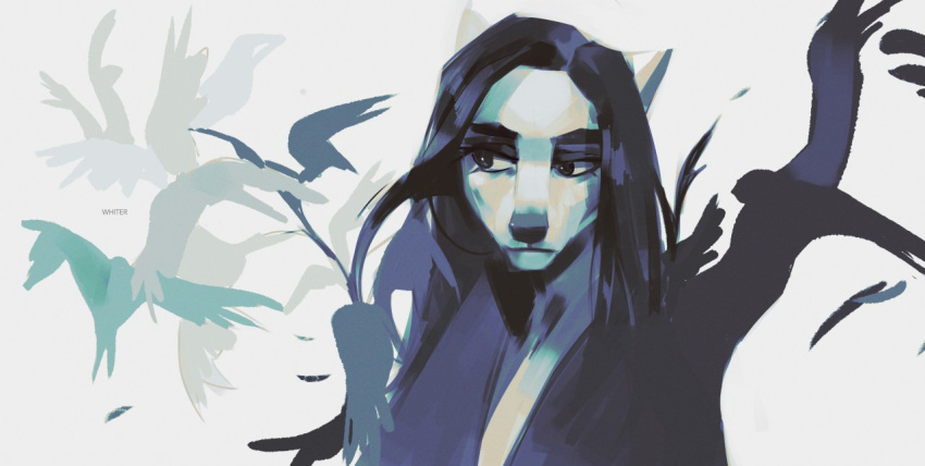 anthro artist_name avian black_eyes black_hair bust_portrait canid eyelashes female feral glistening glistening_eyes group hair long_hair looking_aside mammal mouth_closed narrowed_eyes portrait restricted_palette silhouette solo_focus unknowhiter white_body white_ears