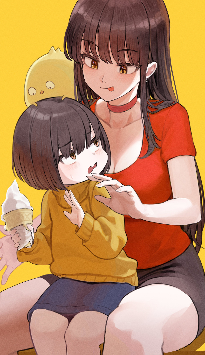2girls absurdres big_sister_(seojh1029) black_shorts blue_skirt blush bob_cut borrowed_character breasts brown_hair choker cleavage closed_mouth collarbone commentary earrings feet_out_of_frame food furrowed_brow happy_birthday highres holding holding_food hungry ice_cream_cone jewelry licking_lips little_sister_(seojh1029) long_hair looking_at_another looking_back looking_down marse_(rokudaime) medium_breasts miniskirt multiple_girls orange_eyes original red_choker red_shirt shirt short_hair short_shorts short_sleeves shorts siblings sidelocks simple_background sisters sitting sitting_on_lap sitting_on_person skirt smile sparkling_eyes straight_hair sweatdrop sweater t-shirt tongue tongue_out triangle_earrings turtleneck turtleneck_sweater wavy_mouth yellow_background yellow_sweater
