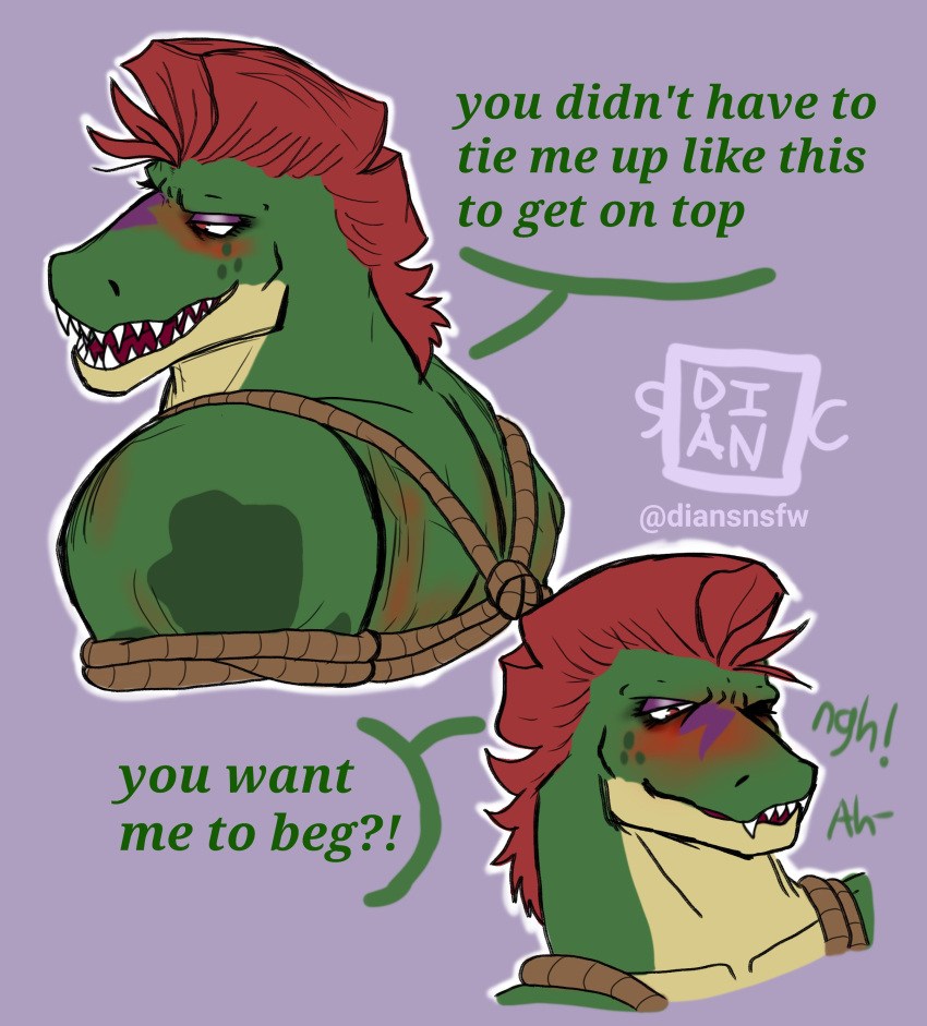 2022 absurd_res alligator alligatorid animatronic anthro bdsm blush bondage bound crocodilian dian digital_drawing_(artwork) digital_media_(artwork) english_text five_nights_at_freddy's five_nights_at_freddy's:_security_breach green_body hair hi_res machine male mohawk montgomery_gator_(fnaf) muscular muscular_anthro muscular_male open_mouth red_hair reptile robot scalie scottgames signature simple_background smile solo speech_bubble steel_wool_studios teeth text