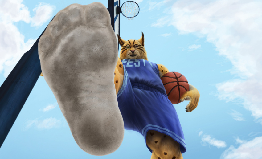 2022 anthro ball basketball basketball_(ball) basketball_clothing basketball_hoop basketball_jersey basketball_net basketball_shorts basketball_uniform blue_clothing clothing cloud dirt dirty dirty_clothing dirty_feet dirty_socks feet felid feline foot_fetish foot_focus footwear fur hi_res jersey logo looking_at_viewer lynx male mammal muscular muscular_anthro muscular_male outside plantigrade prick_ears ryenaa sidmonthebear sky smile snout socks soles solo sportswear spots spotted_body spotted_fur striped_body stripes toes uniform