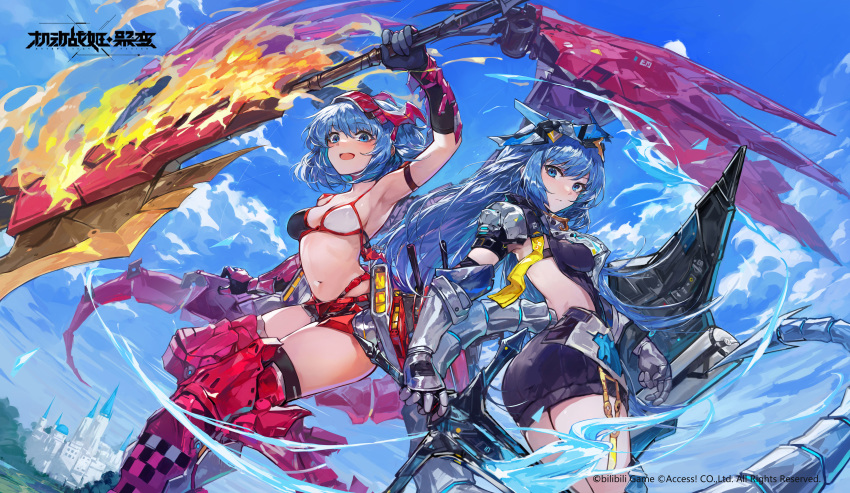 2girls absurdres armored_boots armored_gloves artery_gear axe black_dress blue_eyes blue_hair boots commentary_request commission dress flaming_weapon headgear highres holding holding_axe holding_sword holding_weapon kalmia_(artery_gear) laurel_(artery_gear) long_hair mechanical_tail medium_hair multiple_girls open_mouth qingfeng_canying sky swimsuit sword tail very_long_hair weapon