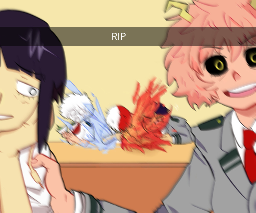 2girls 3boys arlin_potato ashido_mina bangs black_hair black_sclera blazer blunt_bangs boku_no_hero_academia collared_shirt colored_sclera colored_skin commentary english_commentary english_text fire glasses grey_jacket hand_on_another's_shoulder head_rest horns ice iida_tenya jacket jirou_kyouka looking_at_viewer midoriya_izuku motion_blur multicolored_hair multiple_boys multiple_girls necktie open_mouth pink_hair pink_skin red_hair red_necktie shirt short_hair short_sleeves simple_background smile sneezing split-color_hair table todoroki_shouto two-tone_hair white_hair white_shirt yellow_background yellow_eyes yellow_horns