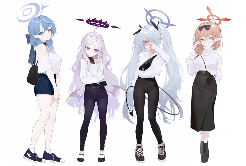 4girls absurdres ahoge ako_(blue_archive) alternate_costume armpit_crease backpack bag bangs belt black_bow black_footwear black_pants black_skirt blonde_hair blue_archive blue_bow blue_eyes blue_footwear blue_hair blush boots bow casual chinatsu_(blue_archive) choker closed_mouth commentary contemporary contrapposto covered_navel covering_mouth demon_tail demon_wings denim denim_shorts fanny_pack flats forehead full_body glasses hair_bow hair_intakes hair_over_one_eye hairband halo halterneck handbag high-waist_pants highres hina_(blue_archive) hood hoodie iori_(blue_archive) jeans light_frown light_purple_hair light_smile long_hair long_skirt looking_at_viewer medium_hair multiple_girls no_horns off_shoulder pants parted_bangs pointy_ears purple_eyes red_eyes shirt shoes shorts shou_xun_bu_liang shoulder_bag simple_background skirt sleeves_past_wrists sneakers standing sweater tail thigh_gap turtleneck turtleneck_sweater twintails very_long_hair wavy_hair white_background white_hair white_hoodie white_shirt white_sweater wings yellow_eyes yoga_pants
