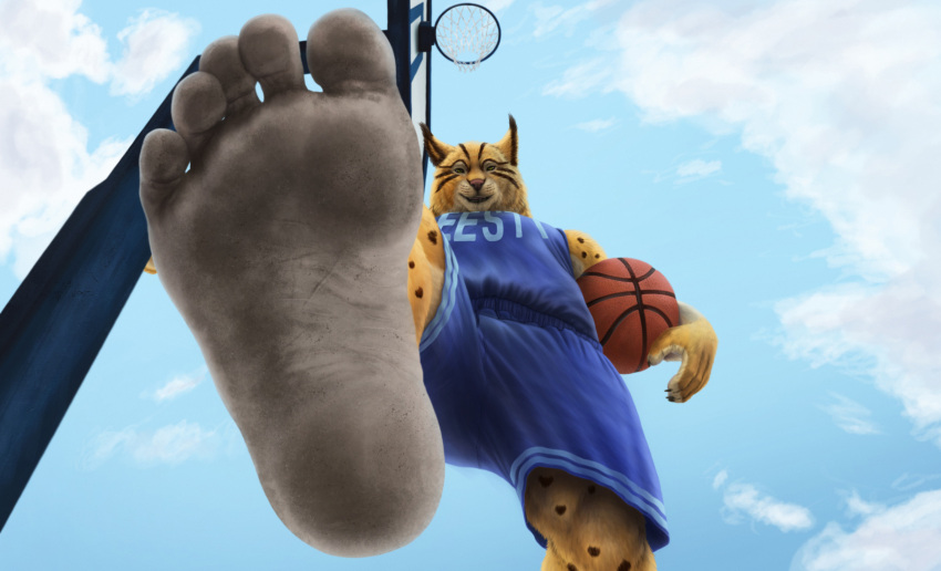 2022 5_toes anthro ball barefoot basketball basketball_(ball) basketball_clothing basketball_hoop basketball_jersey basketball_net basketball_shorts basketball_uniform blue_clothing clothing cloud dirt dirty dirty_feet feet felid feline foot_fetish foot_focus fur hi_res jersey logo looking_at_viewer lynx male mammal muscular muscular_anthro muscular_male outside plantigrade prick_ears ryenaa sidmonthebear sky smile snout soles solo sportswear spots spotted_body spotted_fur striped_body stripes toes uniform