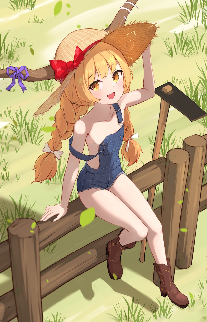 1girl :d absurdres alternate_costume alternate_hairstyle bangs blonde_hair blue_overalls blush boots bow braid breasts brown_footwear brown_horns commentary commission day english_commentary falling_leaves fang fence full_body grass hair_bow hat hat_bow highres hoe horn_ornament horn_ribbon horns ibuki_suika leaf long_hair looking_at_viewer oeyama open_mouth outdoors overalls purple_ribbon red_bow ribbon shadow skin_fang small_breasts smile solo strap_slip straw_hat touhou twin_braids very_long_hair white_bow wooden_fence yellow_eyes