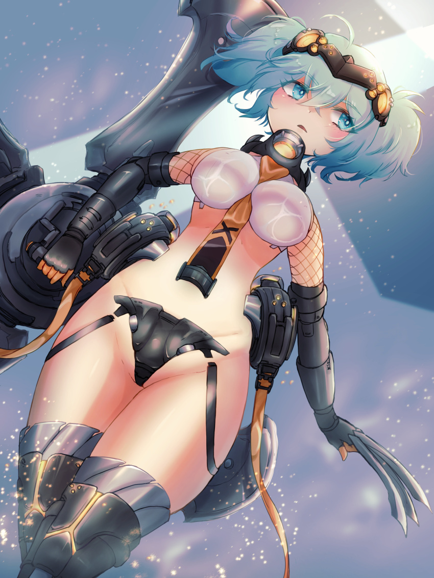 1girl ahoge armored_boots armored_gloves artery_gear artery_gear:_fusion blue_eyes blue_hair boots breasts breasts_apart claws fishnet_sleeves headgear highres holding holding_weapon komena_(shinyday312) large_breasts long_hair no_bra shinobu_(artery_gear) strapless_bottom two_side_up weapon