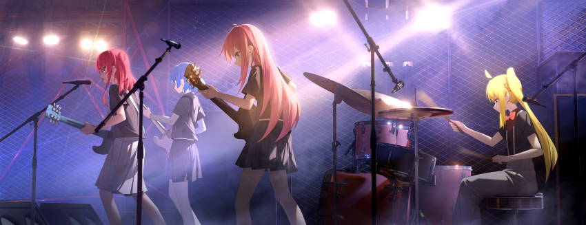 4girls absurdres ahoge alisi bangs black_shirt blonde_hair blue_eyes blue_hair blue_skirt bocchi_the_rock! bow bowtie chain-link_fence commentary drum drum_set drumsticks electric_guitar fence from_side gotou_hitori green_eyes grey_pants grey_shirt grey_skirt guitar highres holding holding_drumsticks holding_instrument ijichi_nijika incredibly_absurdres instrument kita_ikuyo layered_sleeves long_hair long_sleeves microphone microphone_stand multiple_girls music one_side_up pants pink_hair playing_instrument pleated_skirt red_bow red_bowtie red_eyes red_hair shirt short_hair short_over_long_sleeves short_sleeves side_ponytail sidelocks skirt spotlight standing suspenders t-shirt yamada_ryou