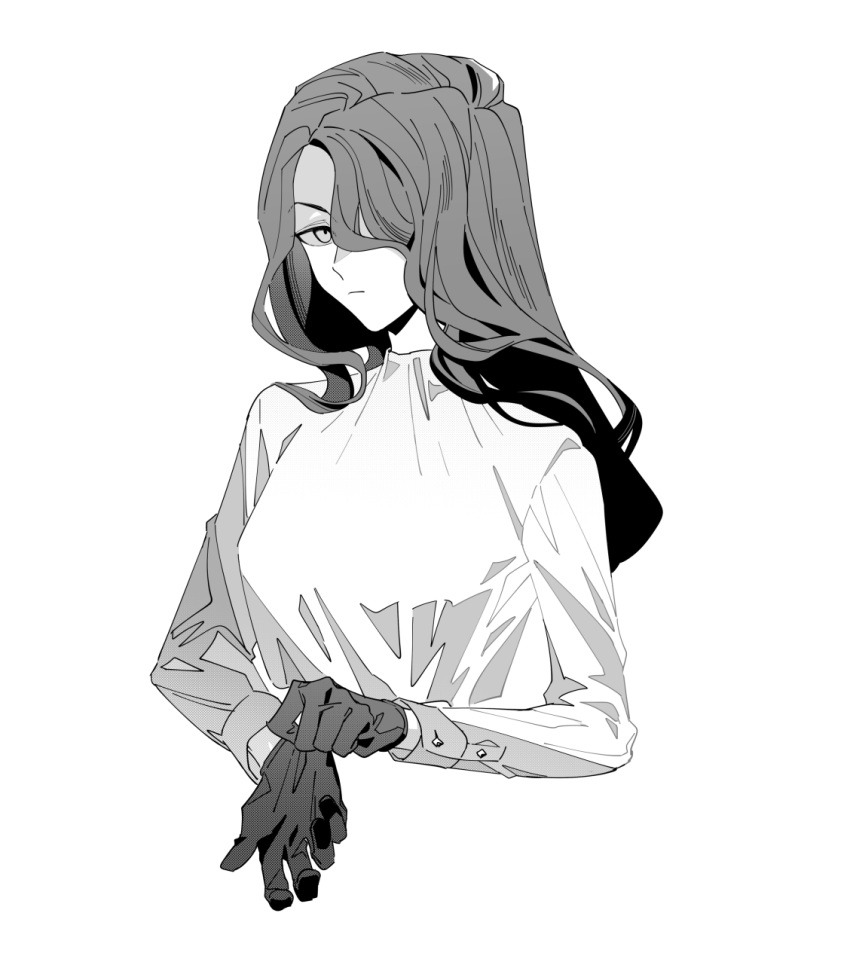 1girl breasts commentary_request expressionless girls'_frontline gloves greyscale hair_over_one_eye highres long_hair long_sleeves looking_at_viewer medium_breasts monochrome morisenn putting_on_gloves romy_riefenstahl shirt solo upper_body