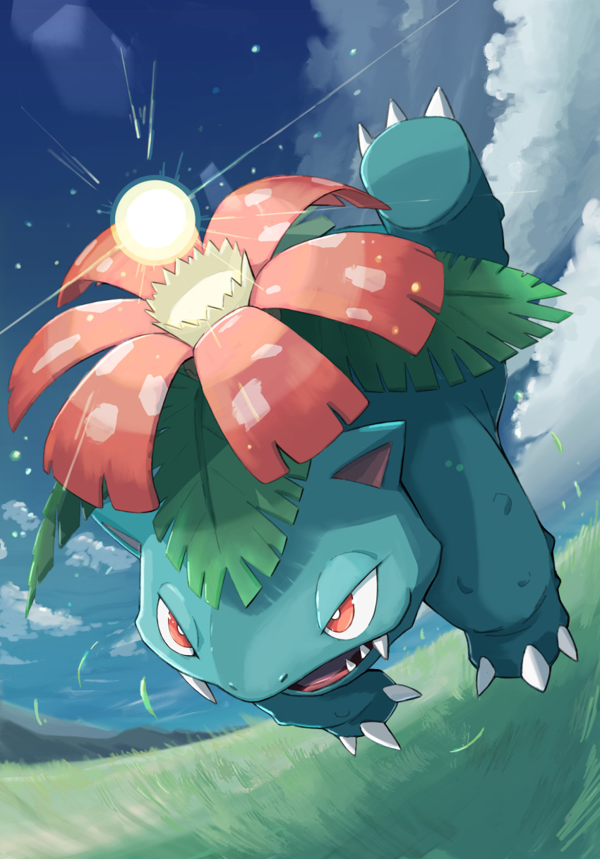 blue_sky bright_pupils claws cloud commentary_request day fangs fisheye flower full_body grass highres leaf momota_pix mountain no_humans open_mouth outdoors pink_flower pokemon pokemon_(creature) red_eyes sharp_teeth sky teeth v-shaped_eyebrows venusaur white_pupils