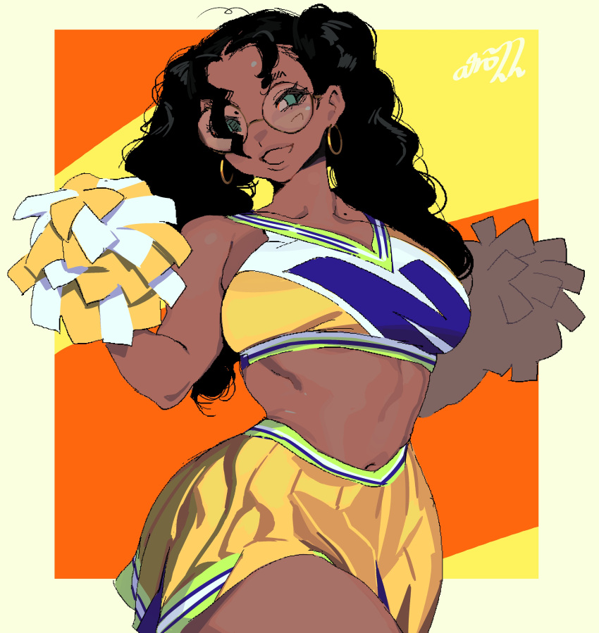 1girl absurdres artist_name black_hair border character_request check_character cheerleader dark-skinned_female dark_skin earrings green_eyes highres holding holding_pom_poms hoop_earrings jewelry long_hair midriff mole mole_on_neck navel original pleated_skirt pom_pom_(cheerleading) shell_(whoopsatro) skirt solo twintails whoopsatro yellow_border yellow_skirt