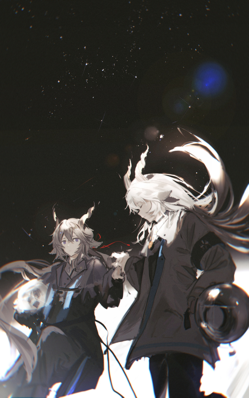 2boys absurdres akaneyumeko animal_ears arknights bangs black_jacket black_pants black_shirt closed_eyes closed_mouth commentary ebenholz_(arknights) english_commentary floating_hair grey_hair hair_between_eyes highres horns jacket kreide_(arknights) long_hair long_sleeves male_focus multiple_boys night night_sky open_clothes open_jacket outdoors pants purple_eyes shirt sketch sky star_(sky) starry_sky very_long_hair white_hair white_jacket