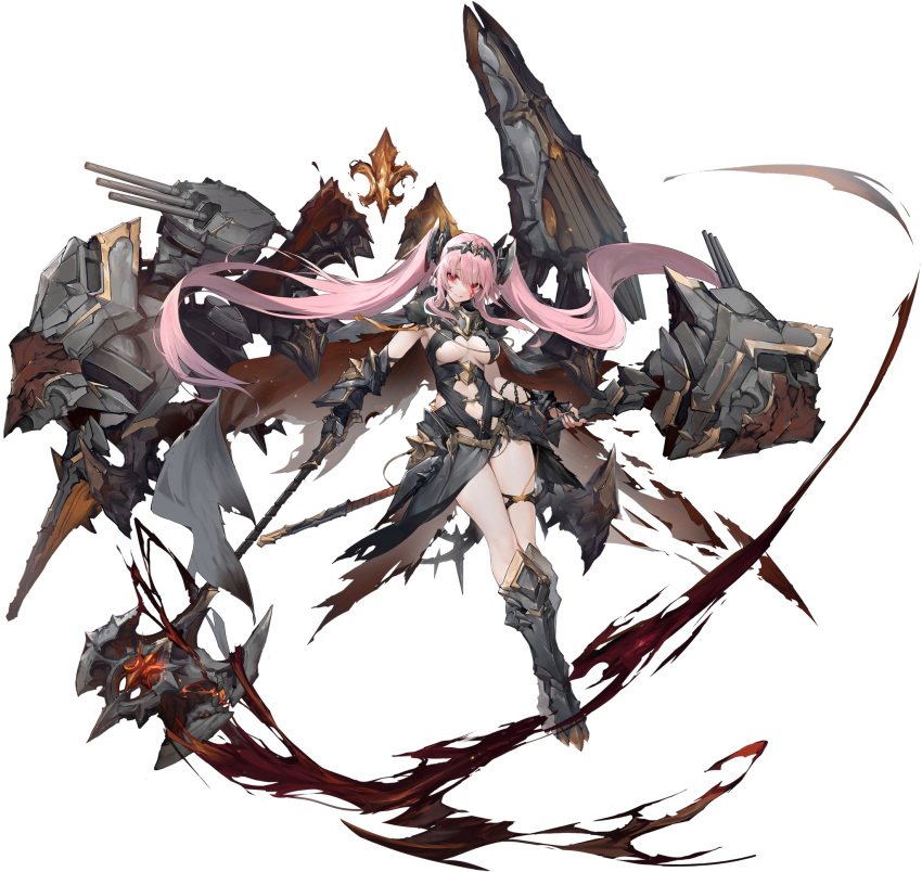 1girl armored_boots artist_request axe azur_lane black_cape black_dress black_footwear boots breasts cape dress dual_wielding floating_hair full_body gauntlets hammer head_tilt highres holding holding_axe holding_hammer holding_weapon la_galissonniere_(azur_lane) la_galissonniere_(meta)_(azur_lane) long_hair looking_at_viewer medium_breasts official_art parted_lips pink_hair red_eyes rigging solo transparent_background twintails very_long_hair weapon