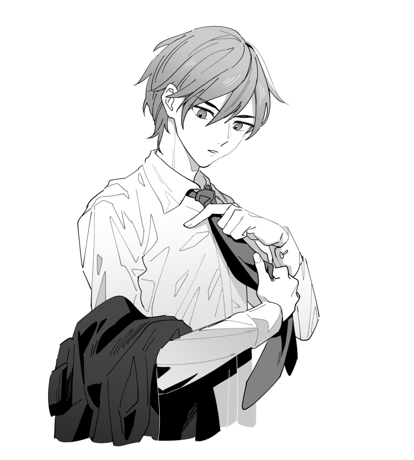 1boy collared_shirt commentary_request girls'_frontline greyscale highres holding holding_clothes holding_jacket jacket light_(girls'_frontline) long_sleeves looking_down male_focus monochrome morisenn necktie parted_lips shirt short_hair simple_background tying_tie upper_body white_background