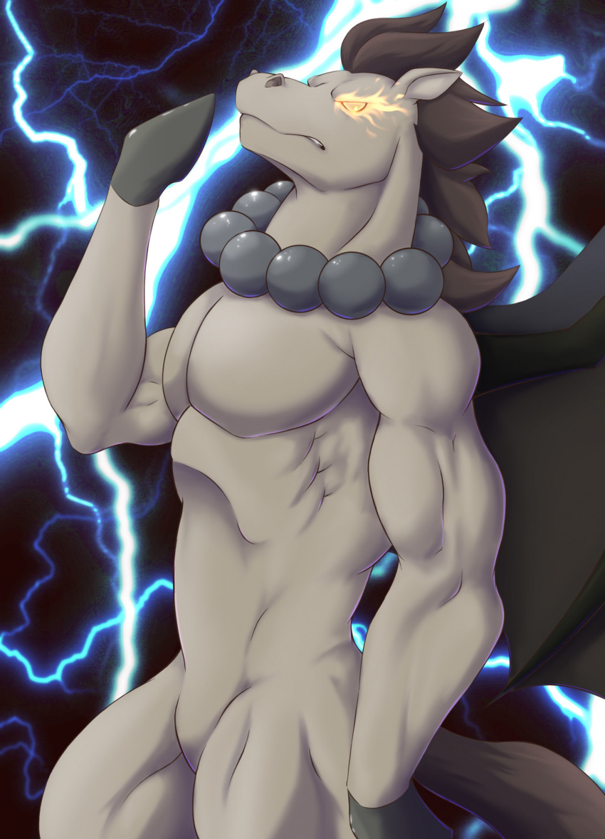 2023 anthro biceps biped brown_hair brown_mane brown_tail chibikoma digital_drawing_(artwork) digital_media_(artwork) disney ducktales ducktales_(2017) electricity equid equine featureless_crotch flaming_eyes gargoyle gem grey_hooves hair hi_res hooves hybrid jewelry lightning male mammal mane manny_(ducktales) muscular muscular_anthro muscular_male necklace nude pearl_(gem) pearl_necklace pecs solo tail tan_body thick_thighs wings