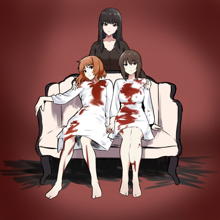 a_tale_of_two_sisters armorganger bangs barefoot black_eyes black_hair black_shirt blood blood_on_clothes blood_on_dress blood_on_leg blunt_bangs closed_mouth commentary couch dress frown girls_und_panzer hand_on_another's_shoulder head_tilt highres hime_cut holding_hands long_hair long_sleeves looking_at_viewer medium_dress mother_and_daughter nishizumi_maho nishizumi_miho nishizumi_shiho on_couch shirt short_hair siblings sisters sitting standing straight_hair white_dress