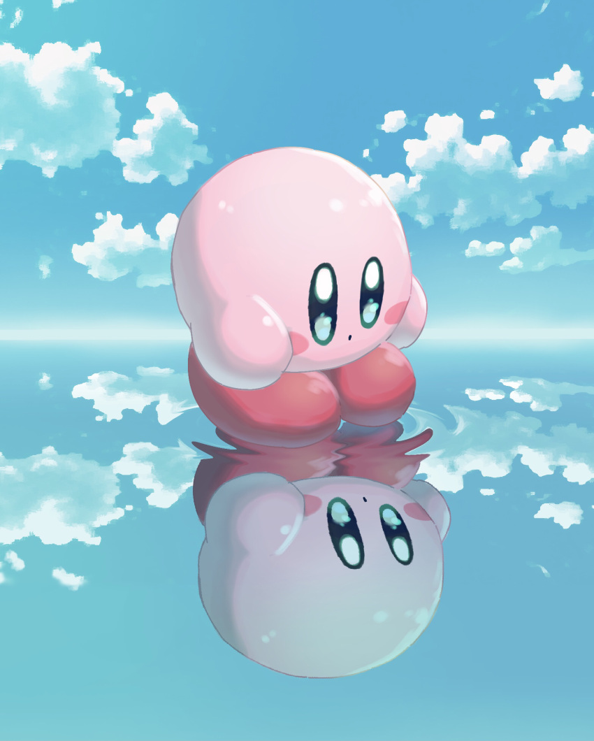 :o aruco_co blue_eyes blue_sky blush blush_stickers closed_mouth cloud commentary_request day full_body highres kirby kirby_(series) looking_down no_humans outdoors reflection reflective_water sky solo standing standing_on_liquid water