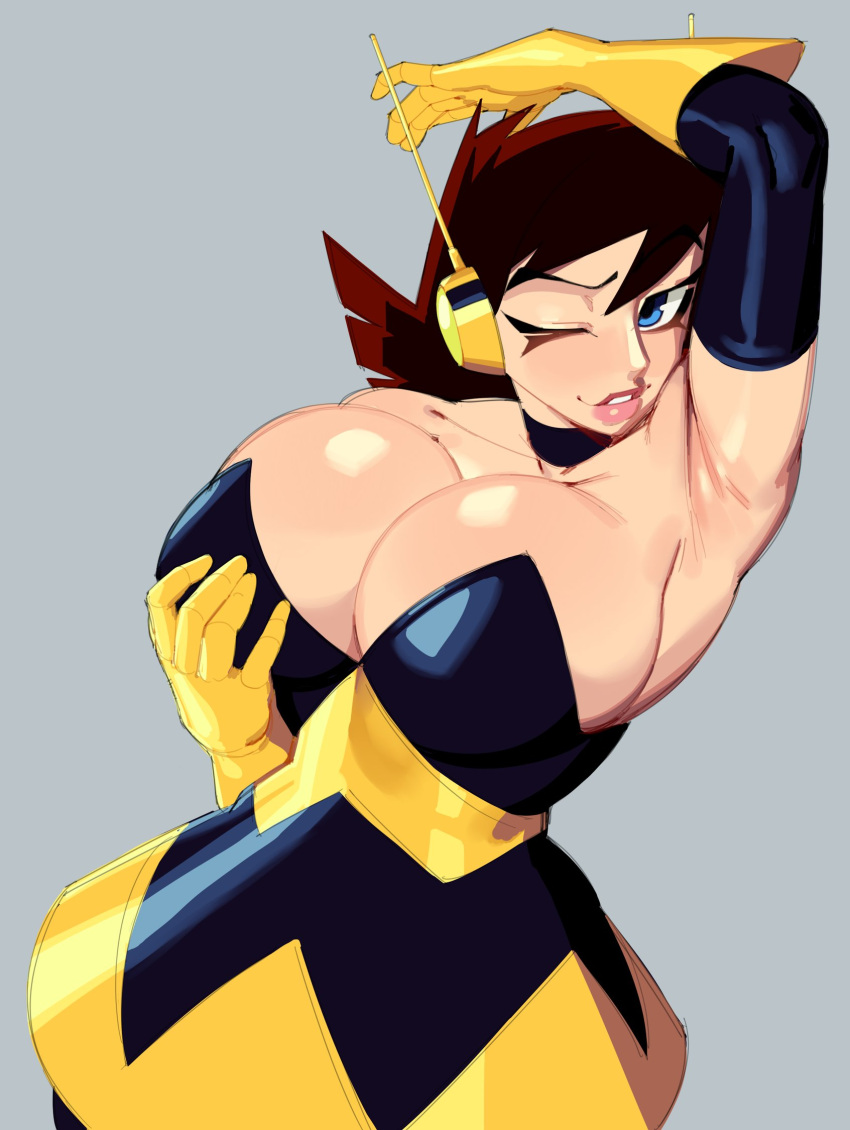 1girl arm_up armpits blue_eyes breasts brown_hair cleavage detached_sleeves english_commentary gloves grabbing_own_breast grey_background highres large_breasts looking_at_viewer marvel nezulet one_eye_closed standing upper_body wasp_(marvel)