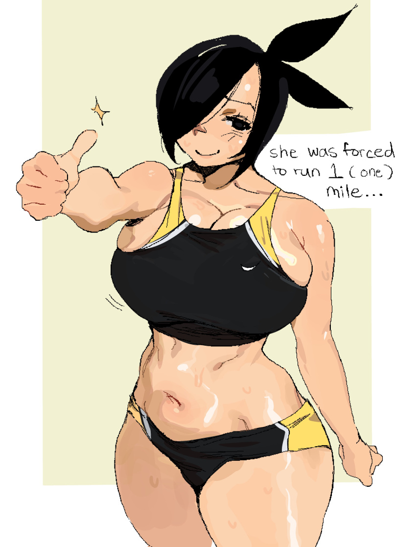 1girl absurdres black_hair breasts cleavage cowboy_shot english_text hair_over_one_eye highres large_breasts li_(whoopsatro) midriff navel original solo sports_bikini thumbs_up whoopsatro